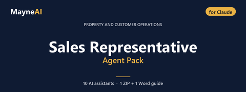 Sales Representative AI agent pack for Claude — 10 AI assistants for a property and customer operations business, MayneAI